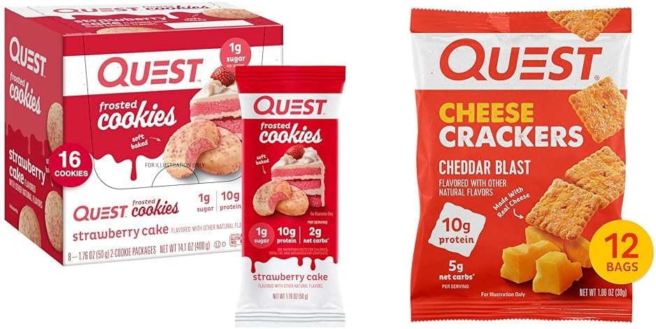 Quest Nutrition Frosted Cookies Twin Pack, Strawberry Cake, 1g Sugar, 10g Protein, 2g Net Carbs & Cheese Crackers, Cheddar Blast, High Protein, Low Carb, Made with Real Cheese, 12 Ct