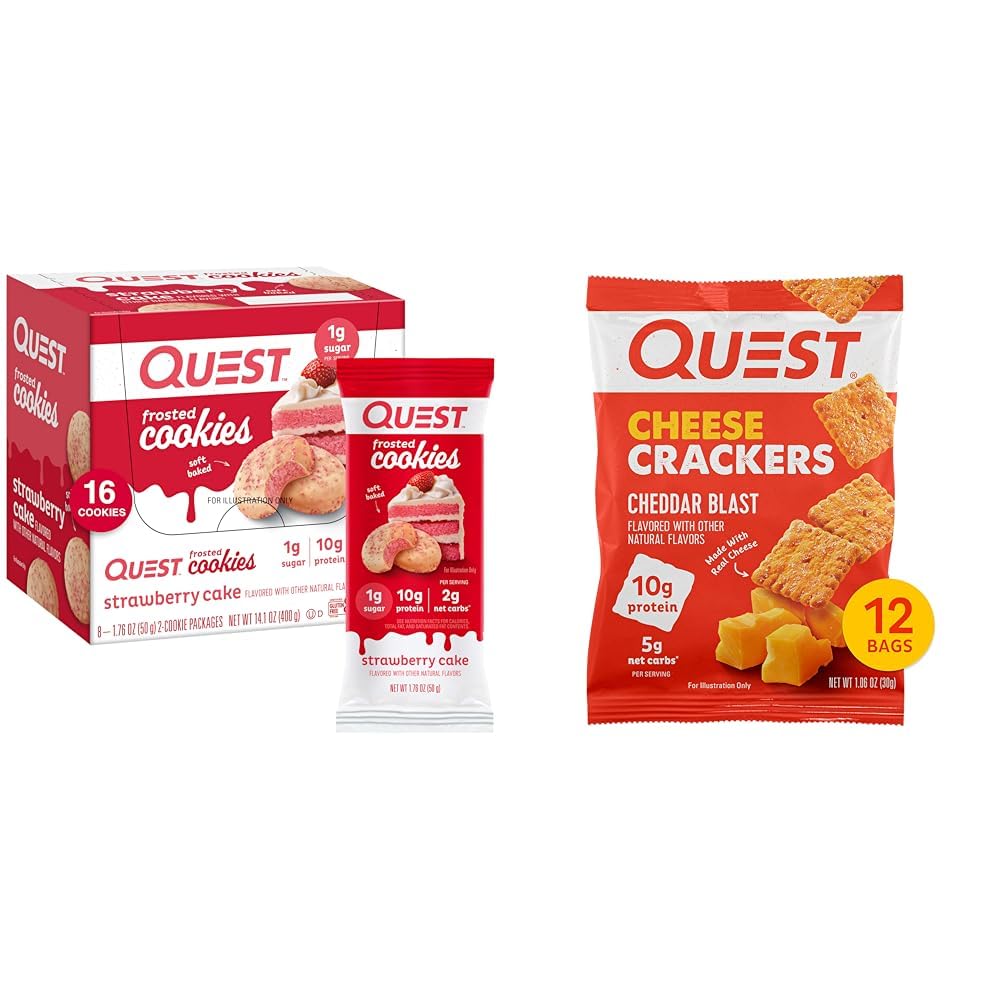 Quest Nutrition Frosted Cookies Twin Pack, Strawberry Cake, 1g Sugar, 10g Protein, 2g Net Carbs & Cheese Crackers, Cheddar Blast, High Protein, Low Carb, Made with Real Cheese, 12 Ct