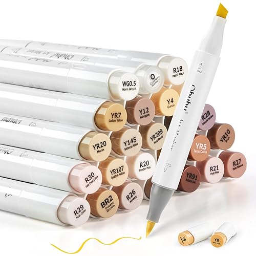 Ohuhu Skin Tone Alcohol Markers Brush Tip - 24 Portrait Color Markers for Artist Adults Coloring Illustration - Chisel & Brush - Honolulu - Refillable - Chisel & Brush