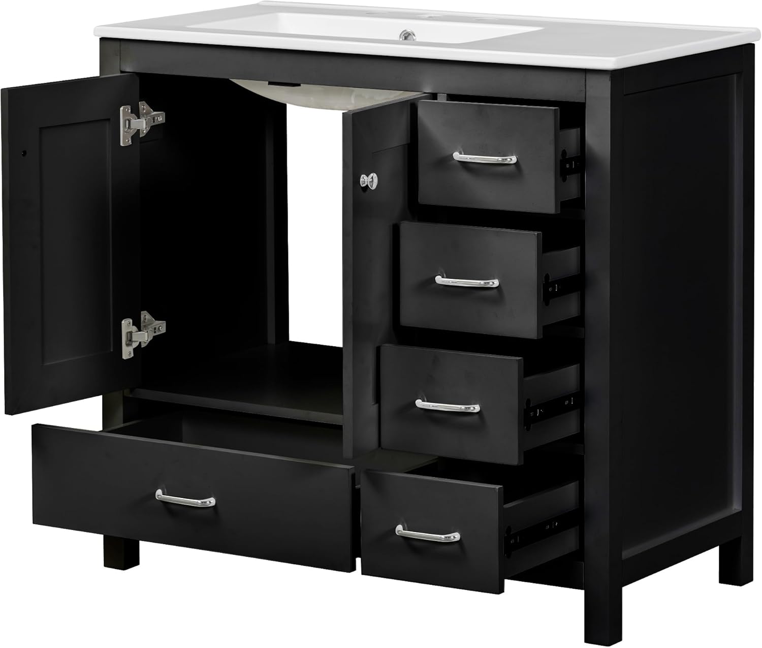 LUMISOL 36" Bathroom Vanity with Sink, Freestanding Bathroom Vanity with 5 Drawers & 2 Doors, Solid Wood Bathroom Storage Cabinet with Ceramic Offset Basin, Black