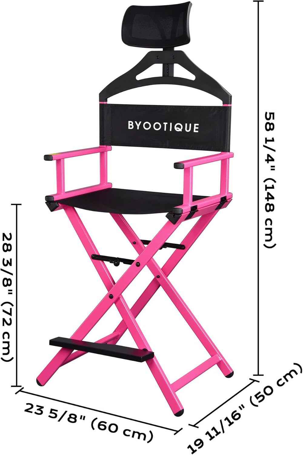 BYOOTIQUE Makeup Artist Stool Chair, Protable 28" Height Tall Folding Directors Chair, Aluminum Makeup Chair with Head Rest for Wedding Hair Stylist Studio Salon Vanity Craft Show, Pink
