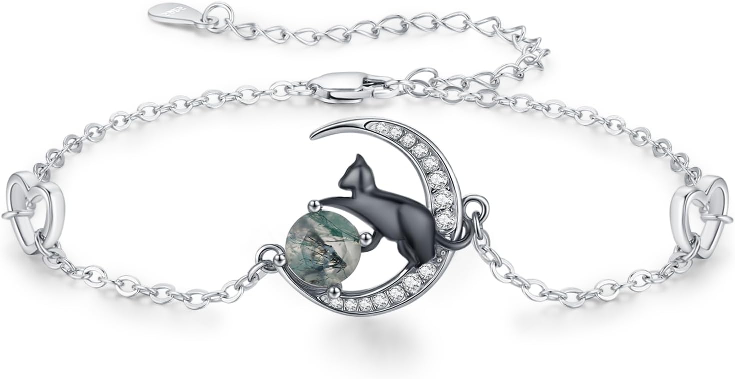 TwoAnts Cat Bracelet 925 Sterling Silver Adjustable Natural Stone Anklet Black Cat Jewelry Gifts for Women