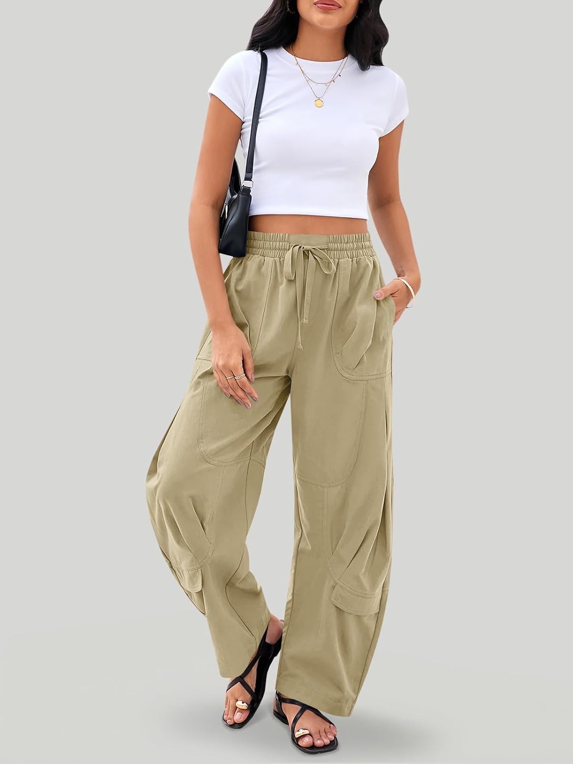 Aoysky Womens Baggy Barrel Wide Leg Pants Drawstring Elastic High Waisted Casual Loose Trousers Pockets