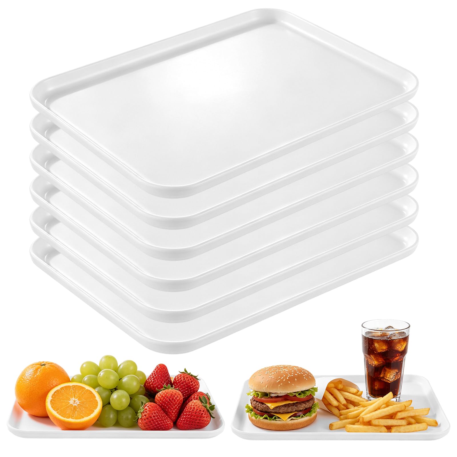 Aramanara 6 Pcs White Plastic Serving Trays, Rectangular Fast Food Trays, Reusable Plastic Serving Platters for Party Food Snacks Fruit Cookies Sandwich Sushi Dessert(30.5 x 22 x 1.5 cm)