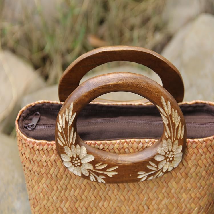Beach Straw Bag for Women - Handmade Rattan Summer Tote With Flowers Engraving Wooden Handle, Boho Retro Woven Handbag for Vacation Travel Daily - Image 5