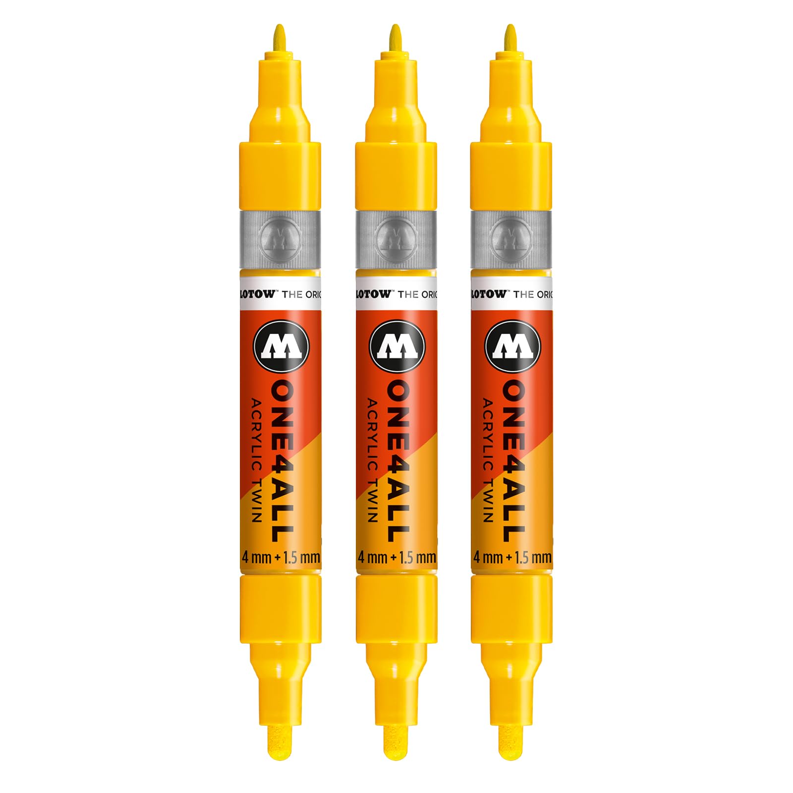 Molotow One4All Acrylic Twin Marker (1.5 and 4.0 mm Line Width, High Coverage and Permanent, Quick Drying, Refillable, for Almost All Surfaces) Pack of 3, Colour 239 Signal Yellow โ image 1