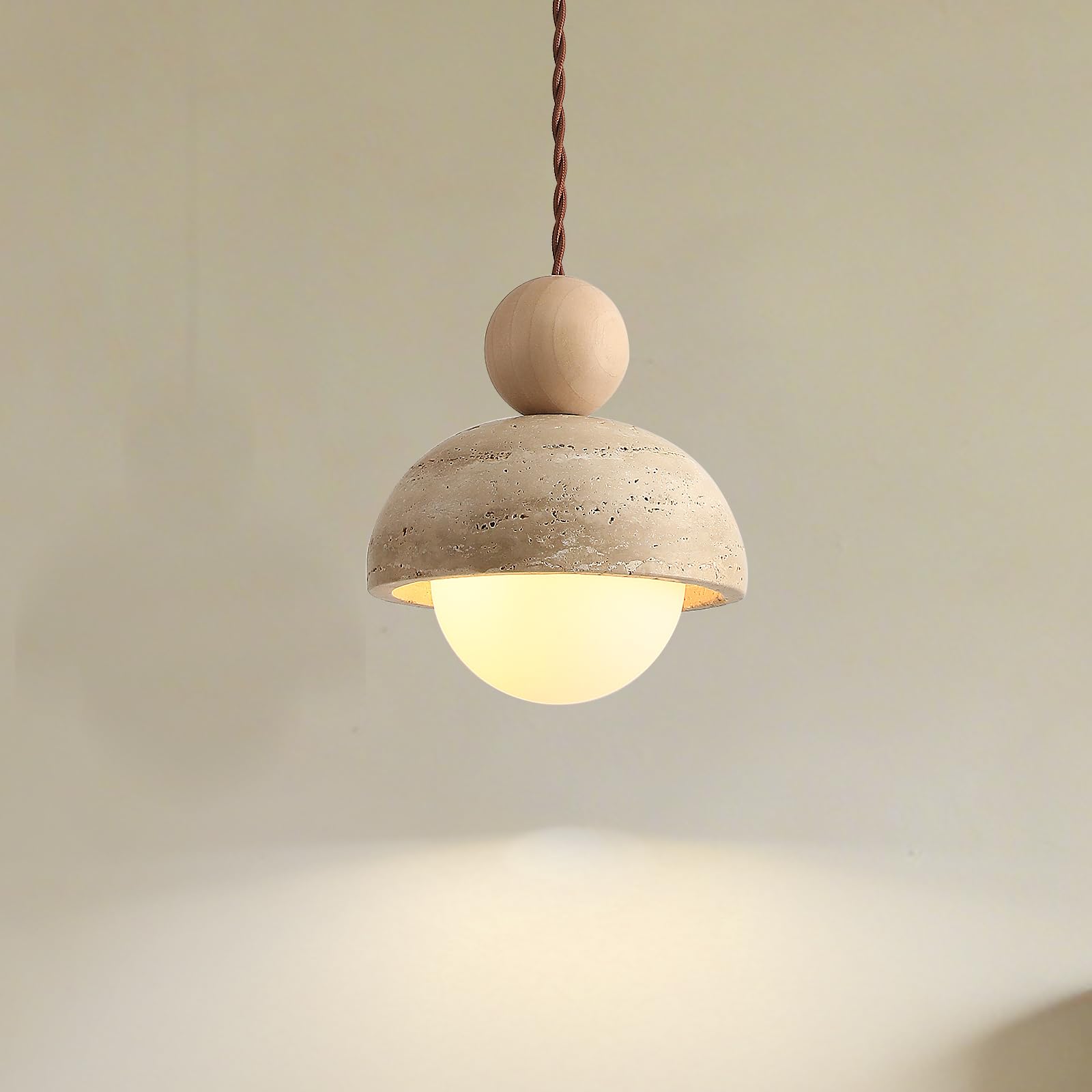Kaixunl Beige 7W Japanese Wabi-Sabi Yellow Travertine Pendant Lamp Natural Stone Shade Light With Wood Hanging Light G9 Nordic Mini Lighting For Kitchen Island Dining Room