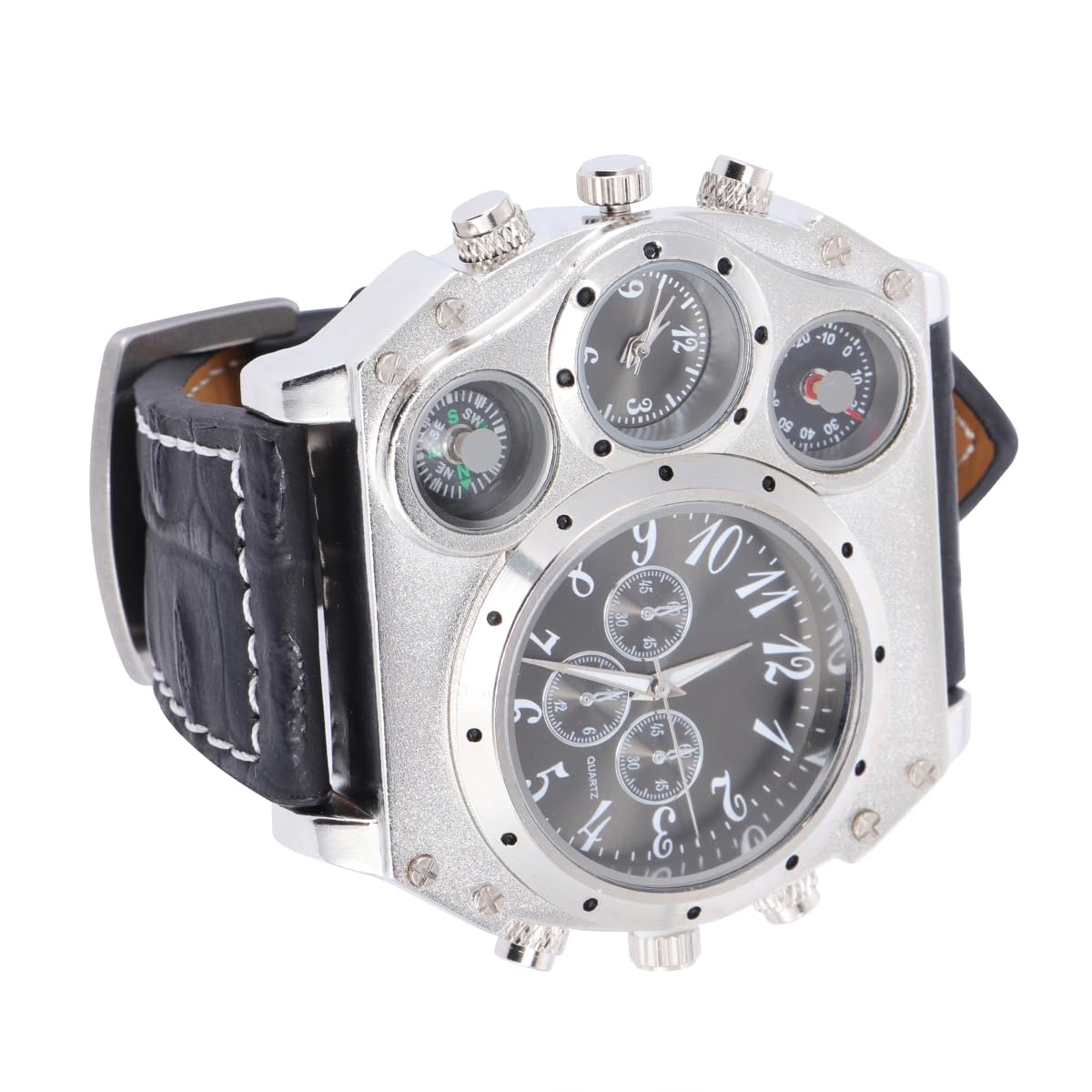 OUNONA Herren Sportuhr 1349 mit Doppelmotorigem Quarzuhrwerk Verstellbarem Pu Armband und Kompass für Outdoor Einsatz