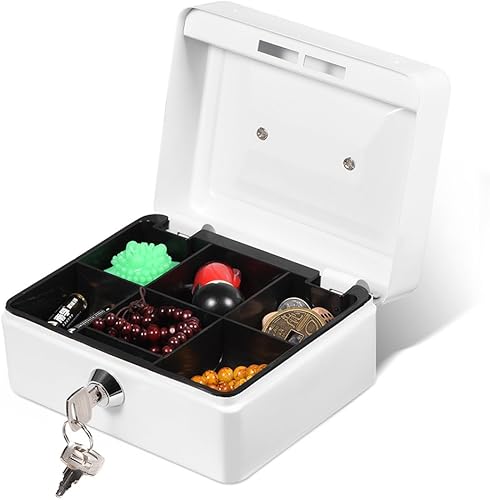 Mini caja de efectivo con cerradura de llave caja de lata de seguridad portátil de 6 pulgadas con dos llaves para el hogar oficina tienda blanco