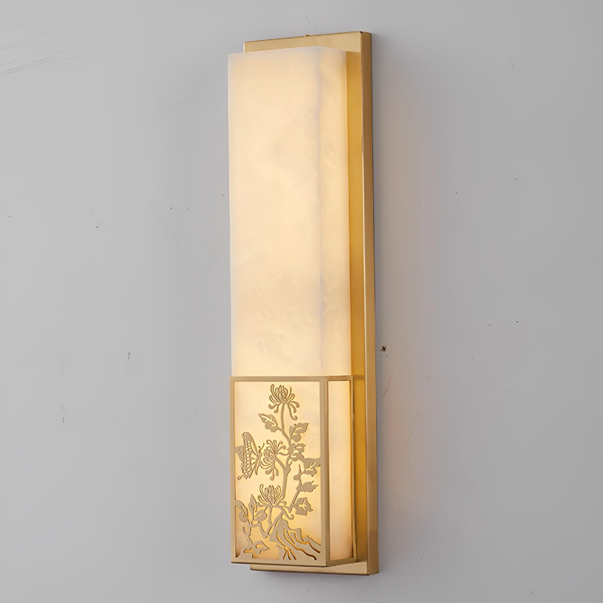 Kinkiet wewnętrzny 60 cm (23,6 cala) marmurowy i alabaster złota mosiężna podstawa oświetlenie Led nowoczesny chiński styl idealny do łazienki, sypialni, schodów, salonu i przedpokoju