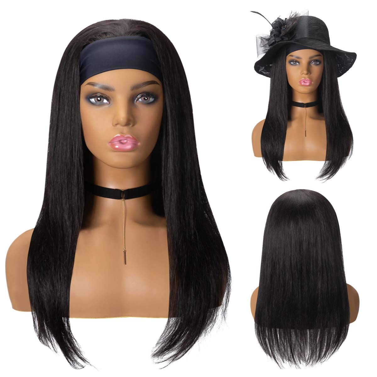 20Inch Human Hair Headband Wigs for Black Women Straight Headband Wigs None Lace Front Wigs Real Hair Wigs with 150% Density 1headband wigs&2 free headband Warps(Natural Black)