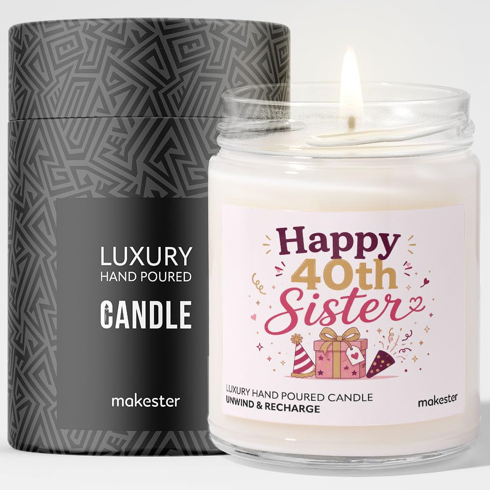 40th Birthday Gift for Sister - Luxury Soy Wax Candle - Vanilla, Jasmine, Sugared Almond - Makester — image 1