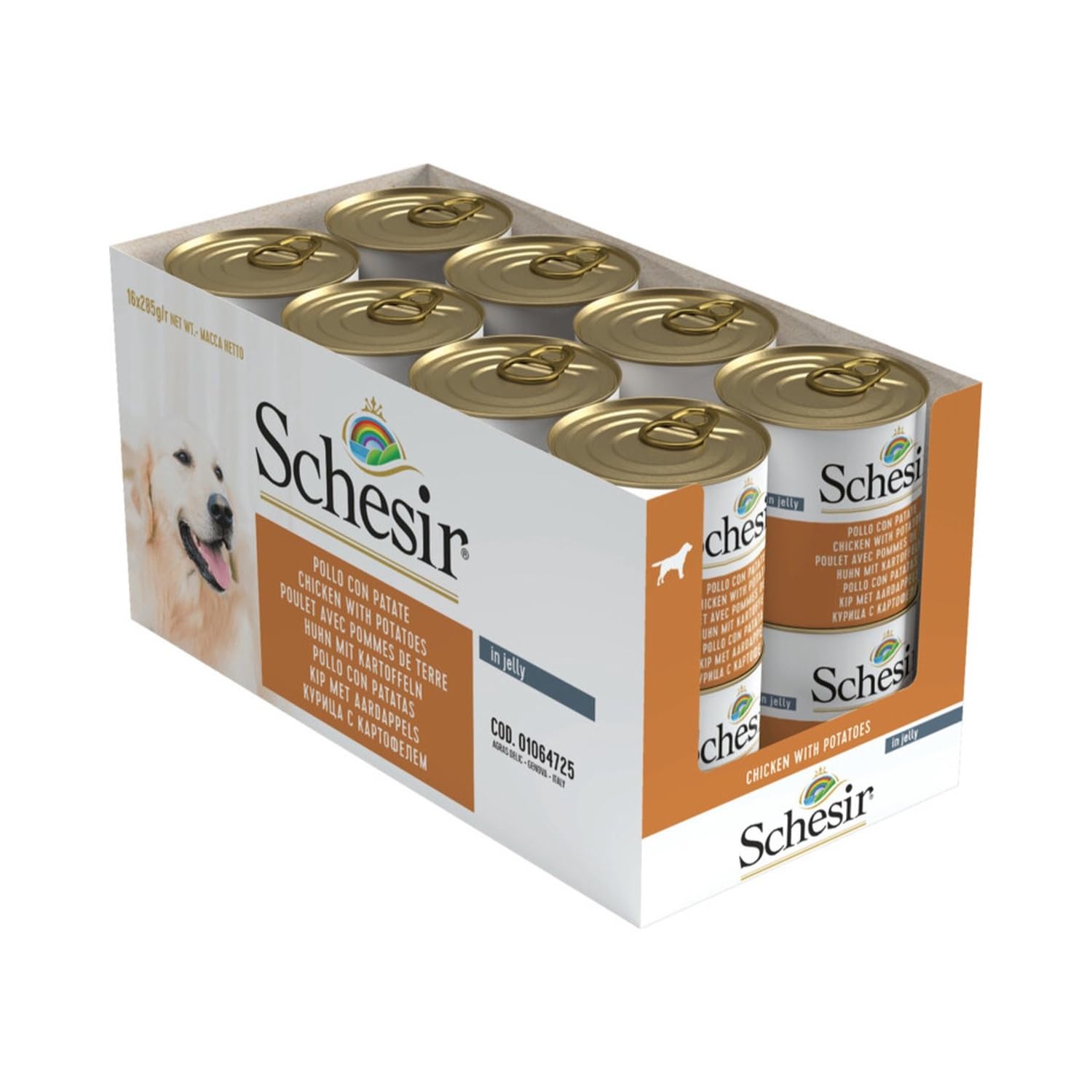 Schesir, Nourriture Humide pour Chiens Adultes, Poulet avec Pommes de Terre, Filets en gelée, Total 4,56 kg (16 boîtes x 285 g)
