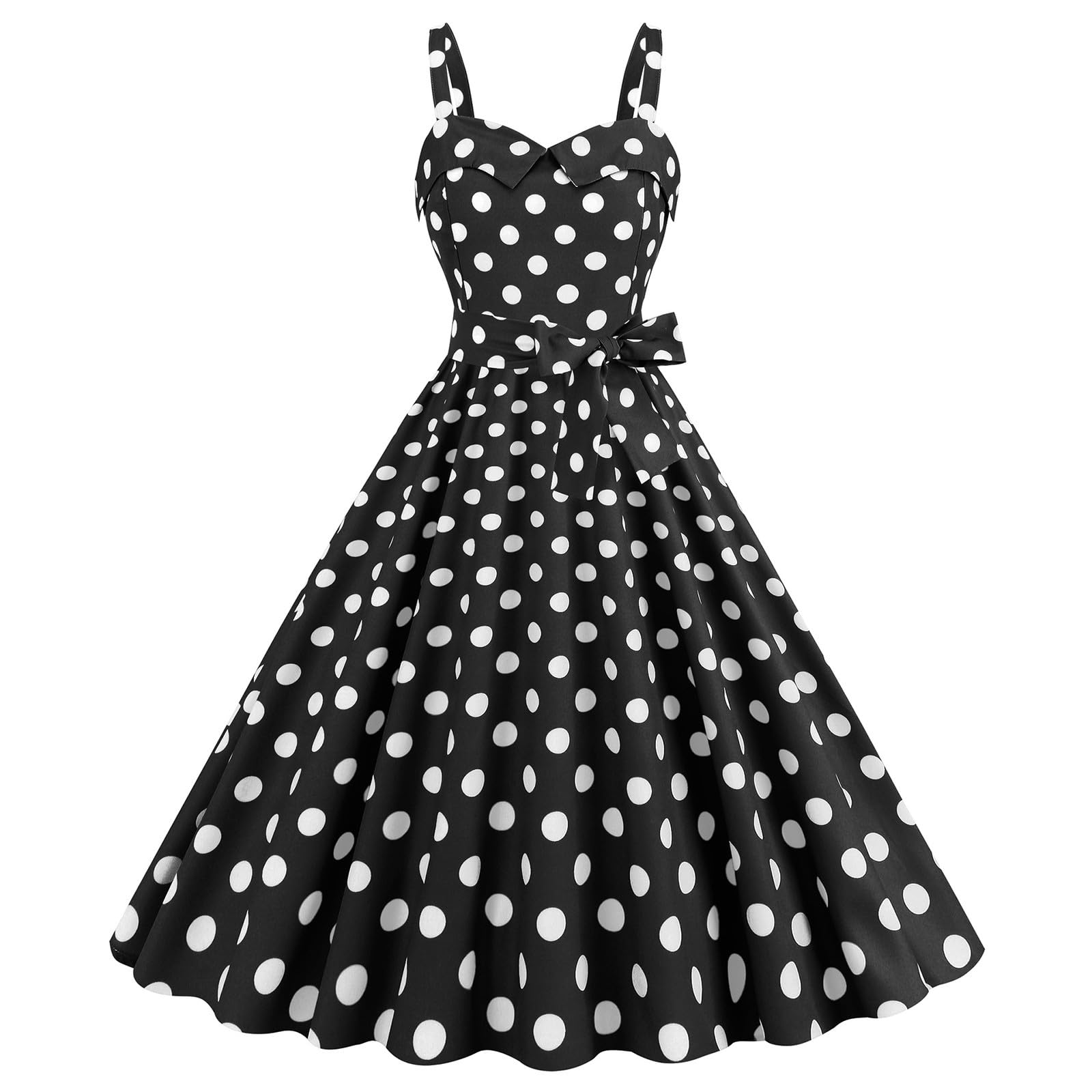 Générique Robe Année 60 Pin-Up Femme Sexy Col V sans Manche Retro robe Style 1950's Audrey Hepburn Pin-Up Rockabilly Elegante Polka Dot Trapèze Vintage Robes Swing De Bal Fête Cérémonie Mi Longue