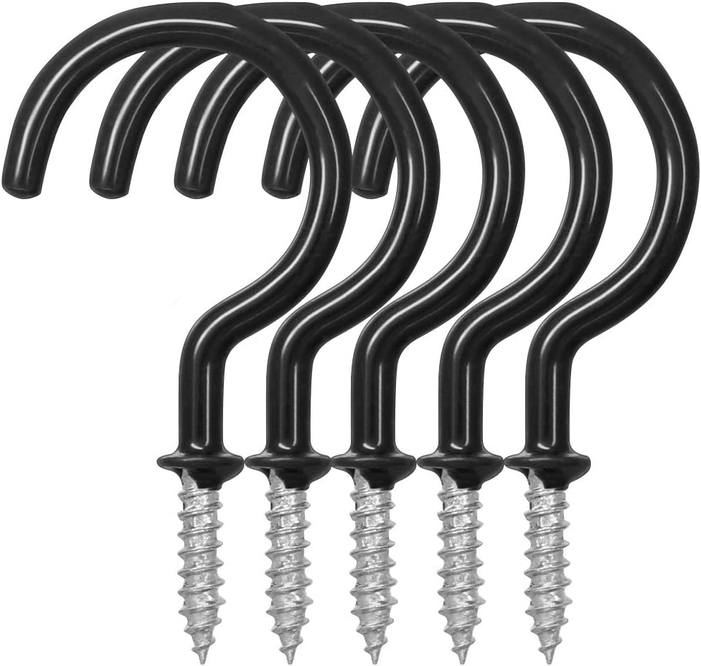 FineGood Vinyl Coated Screw-in Hanger Cup Ceiling Hooks for Indoor and Outdoor Use (Black, 2.9in)- Pack of 25