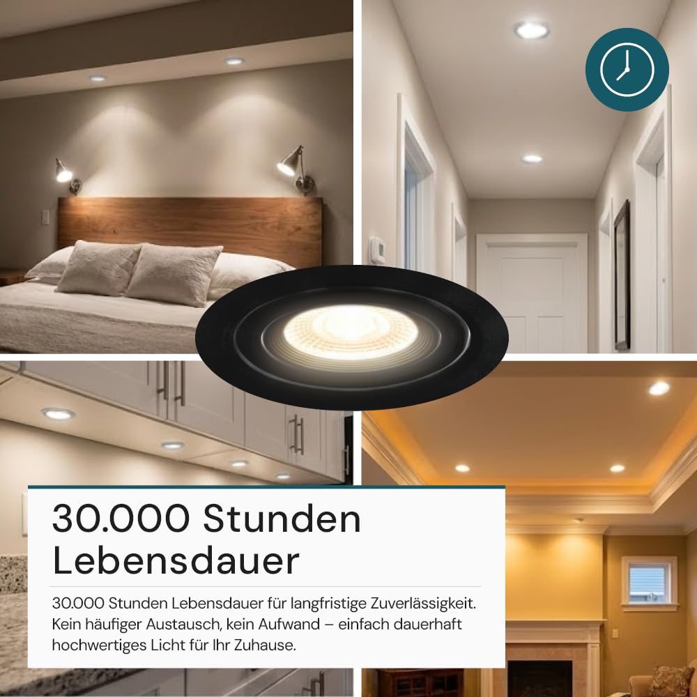 LUXULA LED Einbaustrahler dimmbar schwenkbar 12 Stück - Einbaumaß 75mm - Deckenspot Einbauleuchte schwarz - 7W 600lm - CCT 3000K 4000K 6500K einstellbar - 38° Spotlight - 230V - LED Spots dimmbar