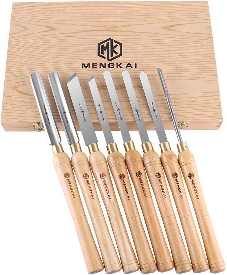 Mengkai Wood Turning Tools with HSS Blade Hardwood Handles Woodworking Lathe Chisel Set 8 Pieces, High Speed Steel Gouge Set with Brass Ferrules & Wooden Case for Storage