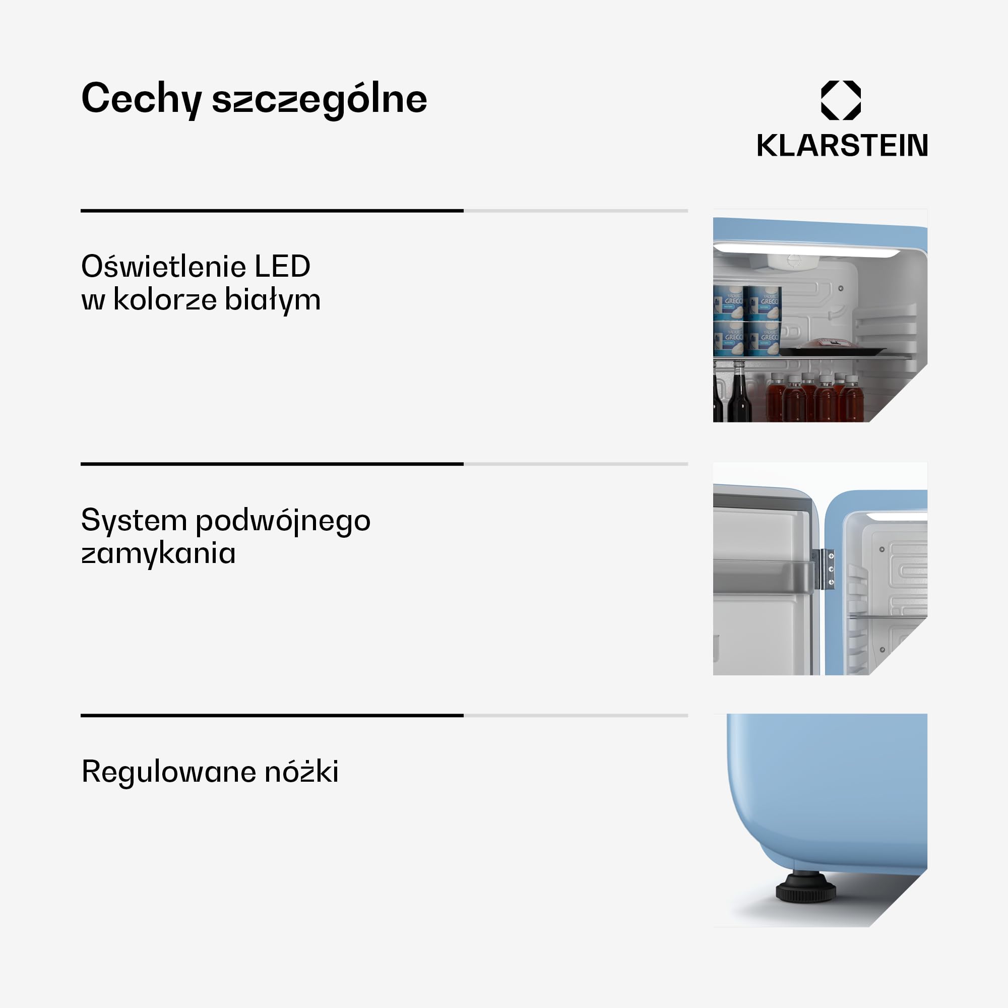 Klarstein Audrey Evo 68L Retro mini lodówka - Cicha 40 dB, Kompaktowa mała lodówka z regulowanymi nóżkami, Drzwi dwustronne, Termostat mechaniczny, Niebieska, Idealna do sypialni i biur