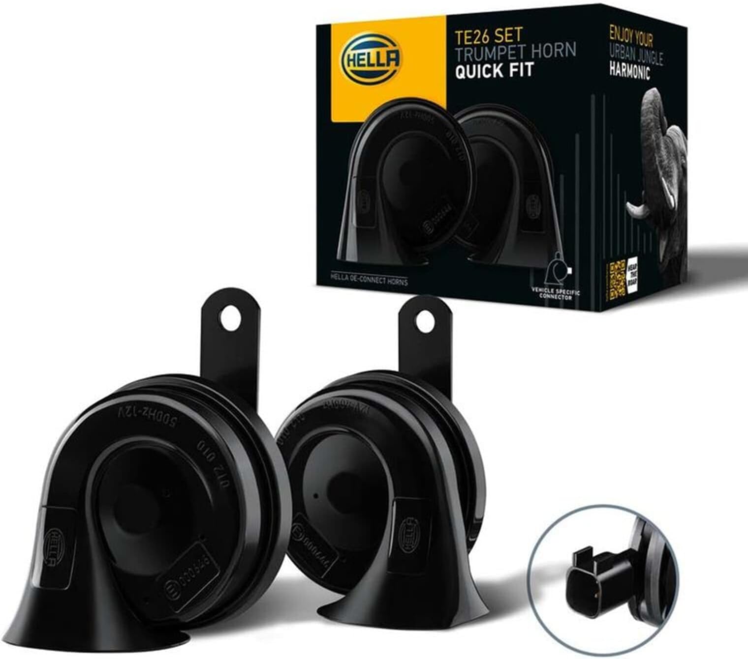 Fanfare - Hella OE-Connect Horn TE26 Set - 12V - 110dB(A) - 400Hz - 500Hz - Low/High Range - Electric - ECE - Housing Colour: Black - Quantity: 2-3FH 012 010-171