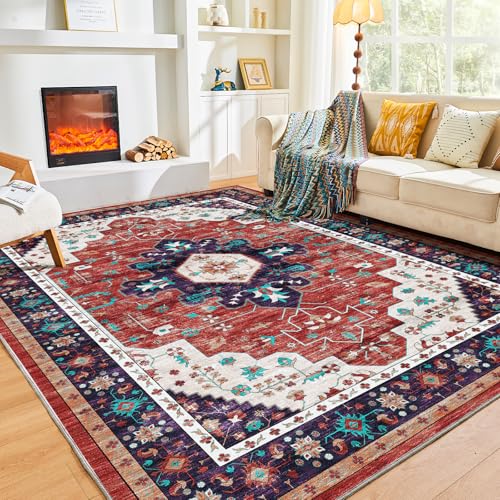 OPPODREAM Area Rugs 5x7, Soft 5x7 Area Rug, Washable Rug 5 x 7 with Non Slip Backing, Faux Cashmere Low-Pile 5 x 7 Carpet, Red & Purple