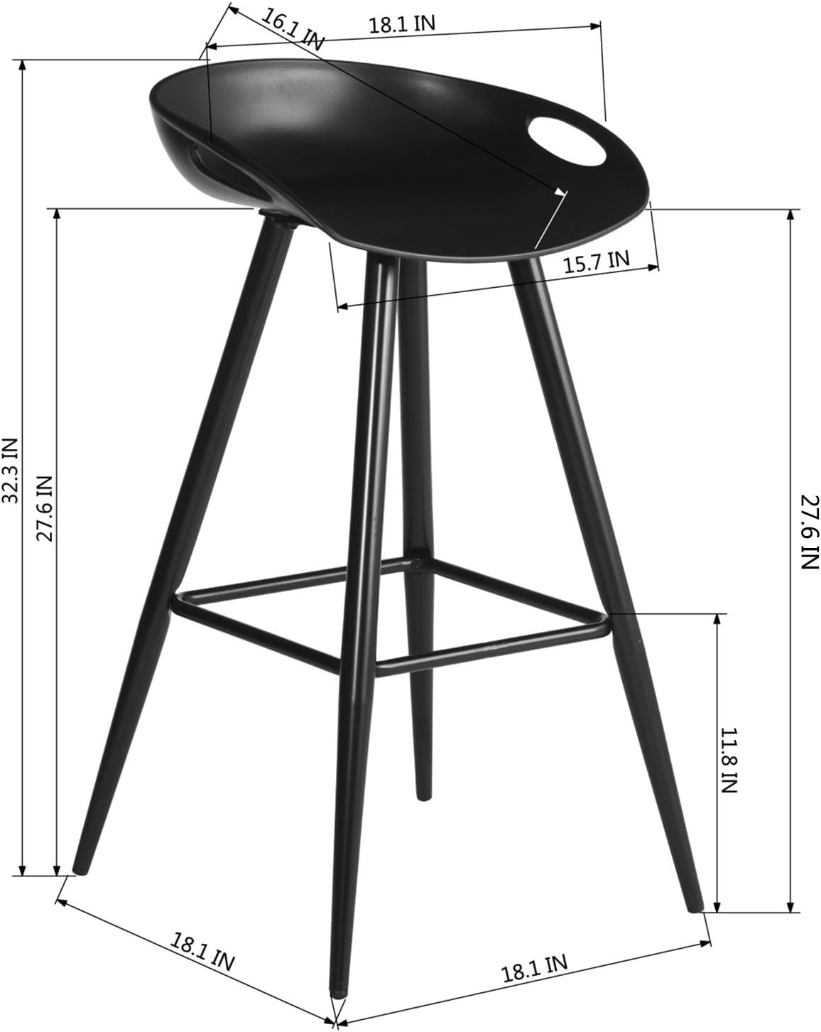 Set of 2 Bar Stools, 32.3-inch Simple Modern Style High Counter Stool with Low Backrest & Footrest & Metal Legs & PP Seat, Portable Barstools for Kitchen Island Patio Balcony, Full Black …