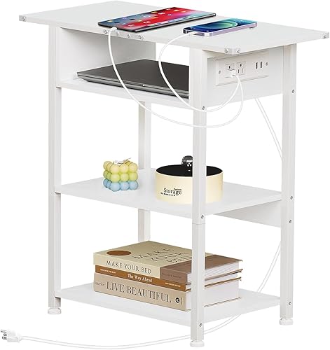 Lerliuo Mesa auxiliar con estación de carga, mesa auxiliar estrecha con puertos USB y tomas, mesita de noche blanca delgada con estante de
