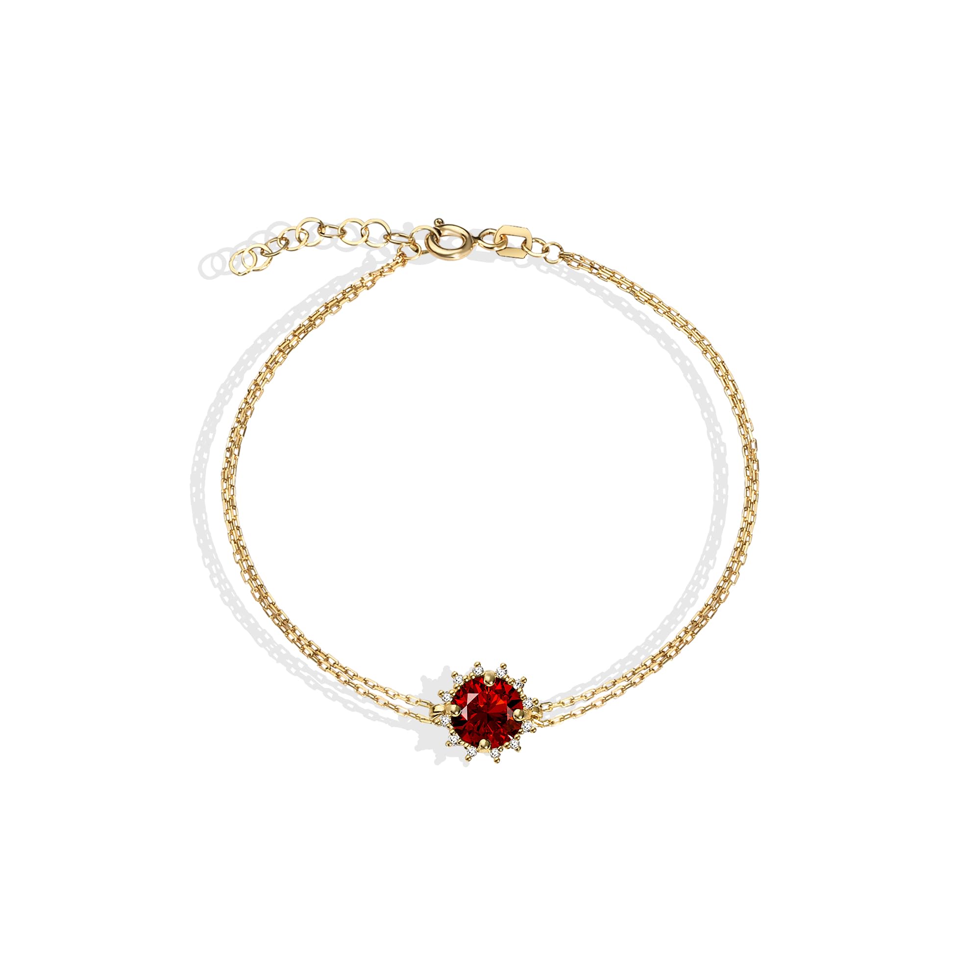 Round Garnet Bracelet with Real Diamond in 14K Solid Gold, January Birthstone