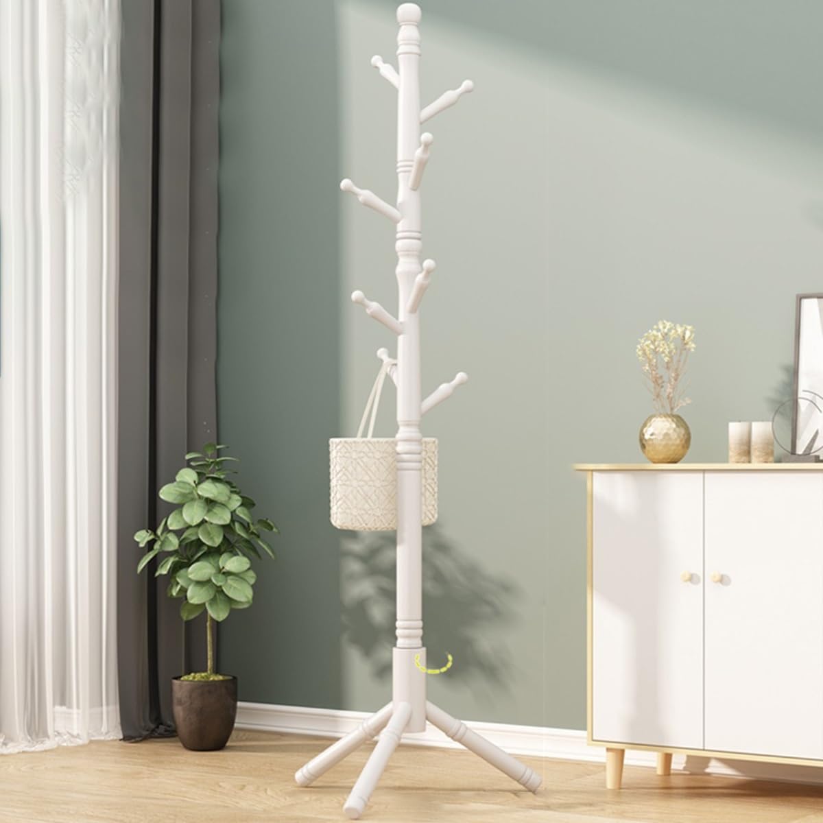 FCXWEVR Adjustable Wooden Coat Rack with 8 Hooks Freestanding Hat and Umbrella Holder for Hallway Bags Scarves - Stylish Triangular Base (White)