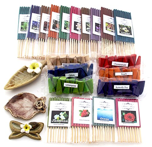 Fulllight aroma, 10 packs of 10 aroma fragrance incense tube 4.5”, 4 packs of 10 small size incense tube 3”, 6 packs of 10 fragrance Incense cones & 3 handmade ceramic Incense burners, brown (FL56)