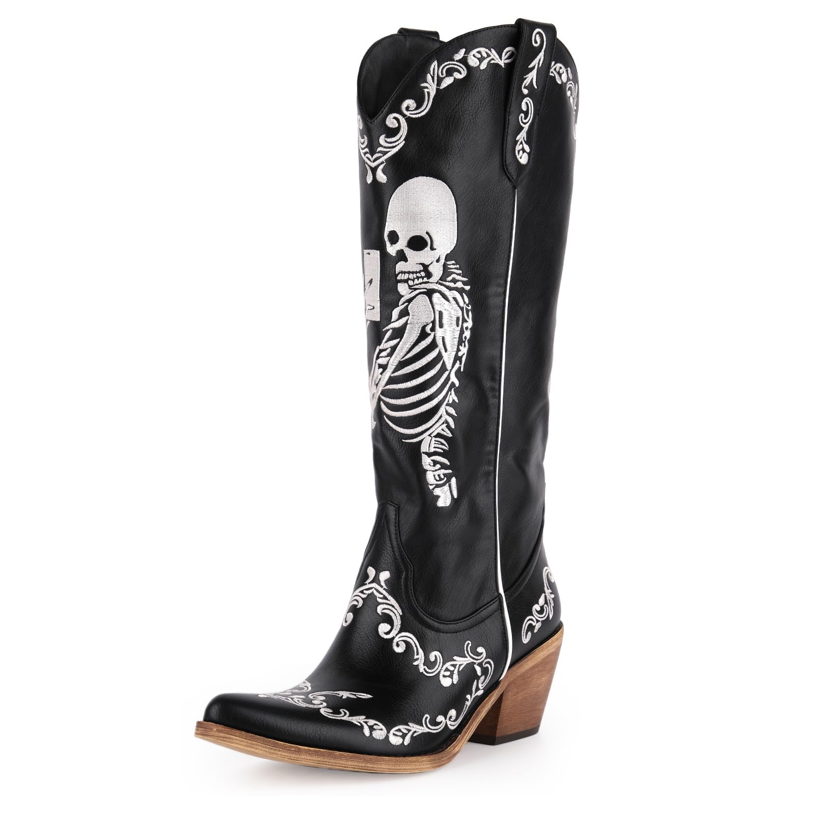 VERISSON Womens Black Cowboy Boots Embroidered Skeleton Pattern Cowgirl Boots Pull-on Chunky Heel Knee High Western Boot