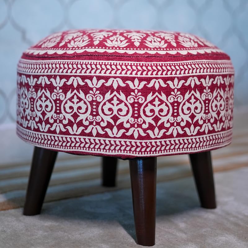 Image of Stool Ottoman Pouffes for Living Room, Kitchen, Home, Office Furniture with Soft Cotton Cushion Mudda Footrest Stool for Chair Sofa Bed Dressing Decor, Mandala Red (14 Inch Pack of 1)