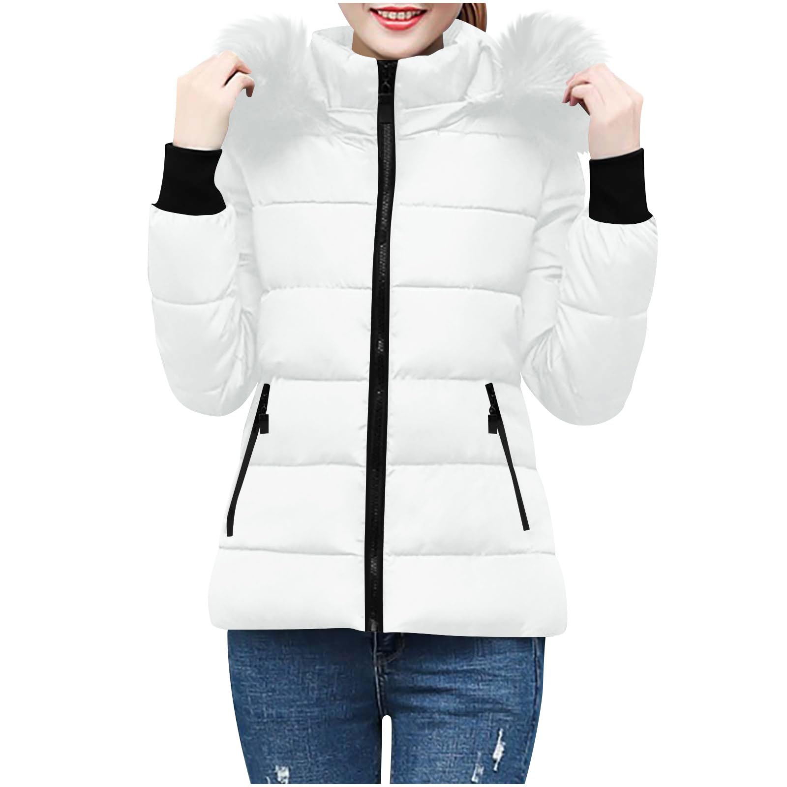 KHIRVWL Doudoune Femme Hiver Chaude- Manteau Matelassée à Capuche Amovible En Peluche- Veste Légère Avec Poches Et Zippé- Blouson Slim Fit Col Montant- Manteaux Mi Saison Puffer Jacket Manches