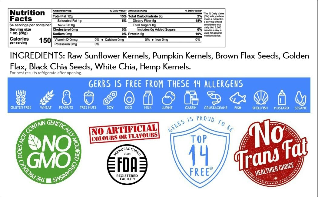 Gerbs Super 7 Seed Snack Mix 4 lbs. | Raw, No Artificial Additives, Resealable Bag | Crunchy Pumpkin, Sunflower, Brown & Golden Flax, Black & White Chia, Hemp | Top 14 Allergen-Free