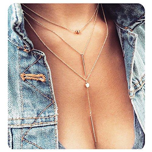 Suyi Exquisite Sequins Multilayer Chain Y Necklace Layered Choker Necklace with Bar Pendent Hanging Rod Gold