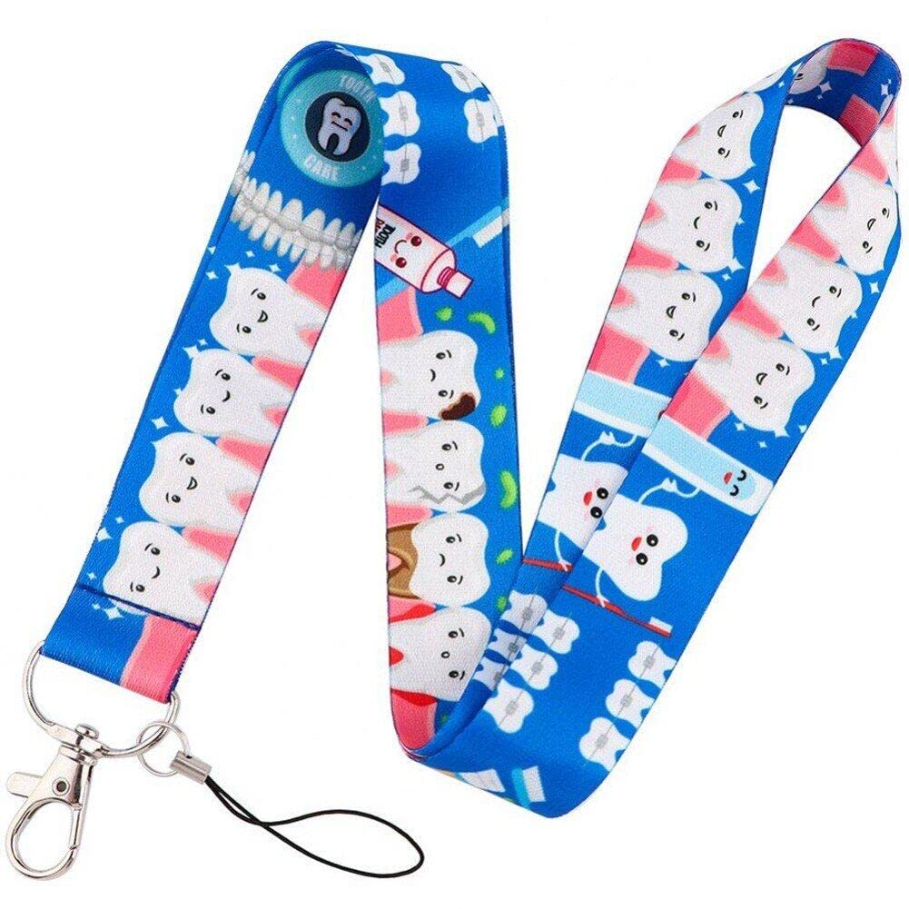 Hrippy Women's Blue Dentist Tooth Pattern Lanyard Cute Cartoon Neck Strap Personality Convenient Keychain Badge Holder For Id Card Holder