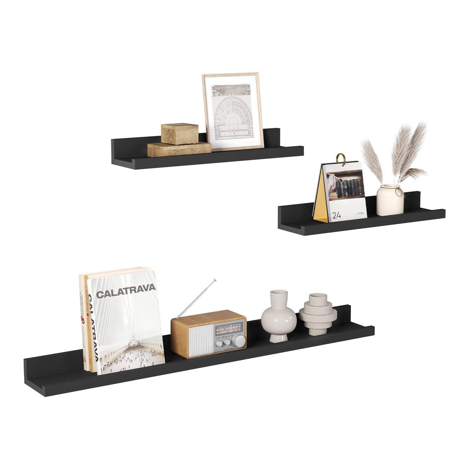 WOLTU Mensole da Muro Design Set di 3, Scaffale Galleggiante con Bordo, Decorazione Parete per Soggiorno Ufficio Camera da Letto Cucina, Nero