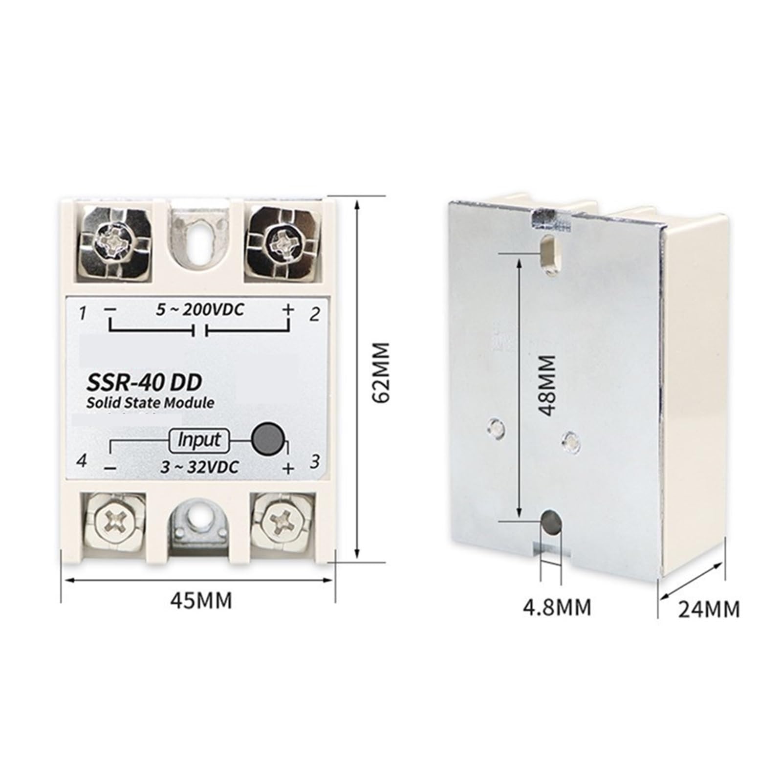 Relè a stato solido CC di controllo CC, modulo relè a stato solido singolo SSR-10DD/25DD/40DD/60DD/80DD/100DD guscio bianco(SSR-Silver Radiator)