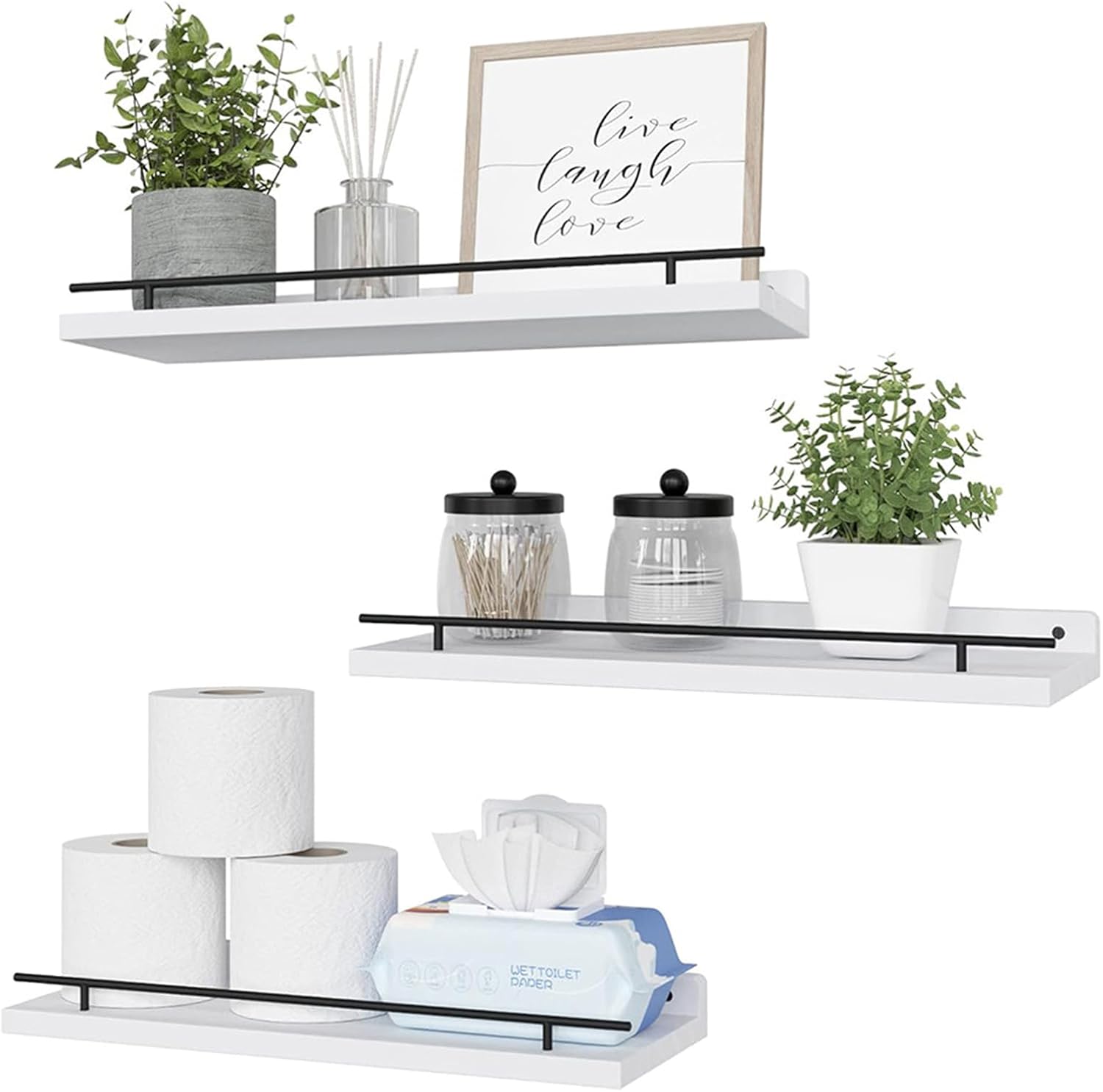 Floating Shelves for Wall 3 Sets Wall Mounted Wood Shelves Bathroom Over Toilet Shelves Storage Shelf for Bathroom, Bedroom, Kitchen, 16" Book Shelf Organizer for Home Decor, Black