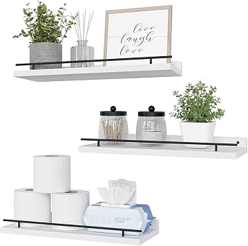 Floating Shelves for Wall 3 Sets Wall Mounted Wood Shelves Bathroom Over Toilet Shelves Storage Shelf for Bathroom, Bedroom, Kitchen, 16 in Book Shelf Organizer for Home Decor, White