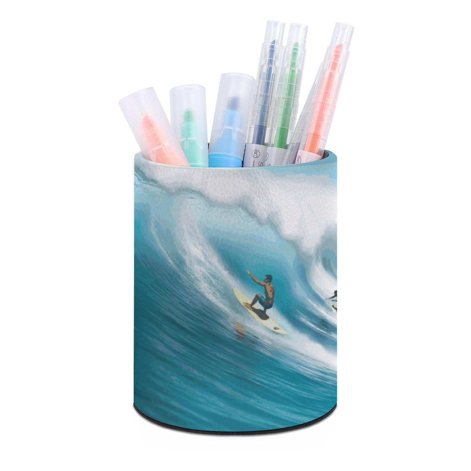 VstaDank Surfing Pen Holder PU Leather Pencil Cup Minimalist Desk Pencil Holder Round Make Up Brush Organizers For Office Dorm Room&Vanity Desk Accessories