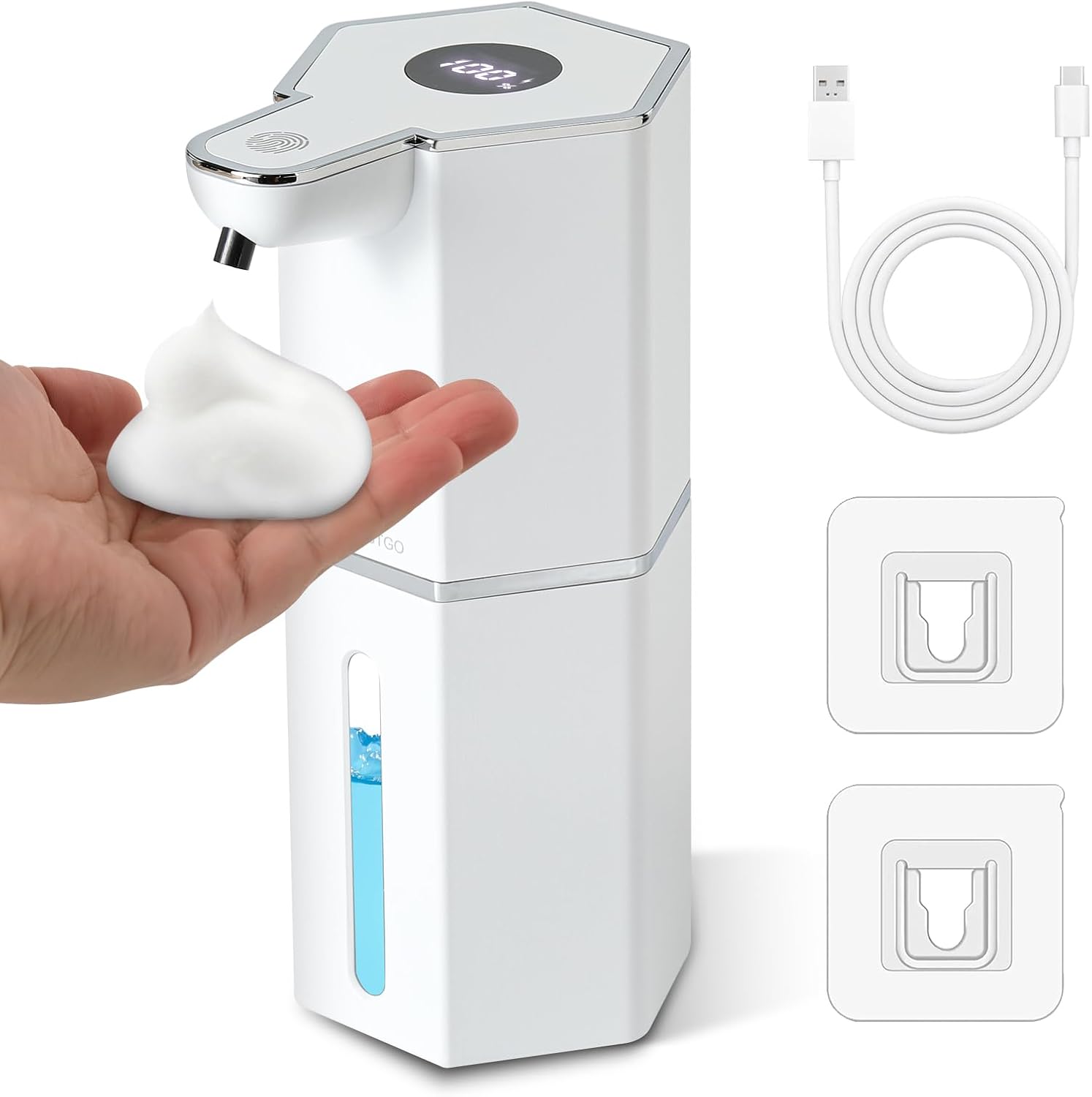  Rechargeable Automatic Soap Dispenser，Touchless Soap Dispenser 4-Level Adjustable Electric，for Kitchen, Bathroom, Hotel, Restaurant (Foam White)