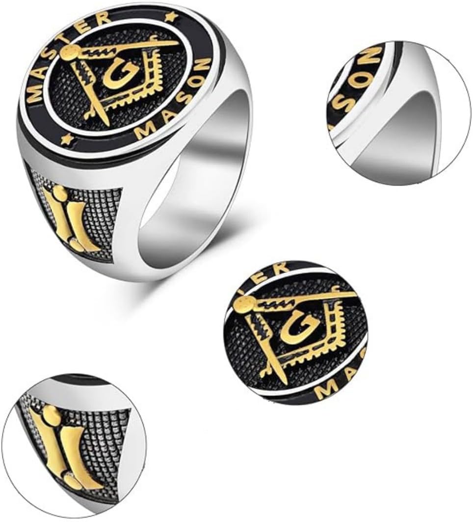 Masonic Master Mason Signet Ring - Titanium Steel Freemason Ritual Ring with Jachin Boaz G Symbol Blue Lodge Jewelry for Men's - Image 2