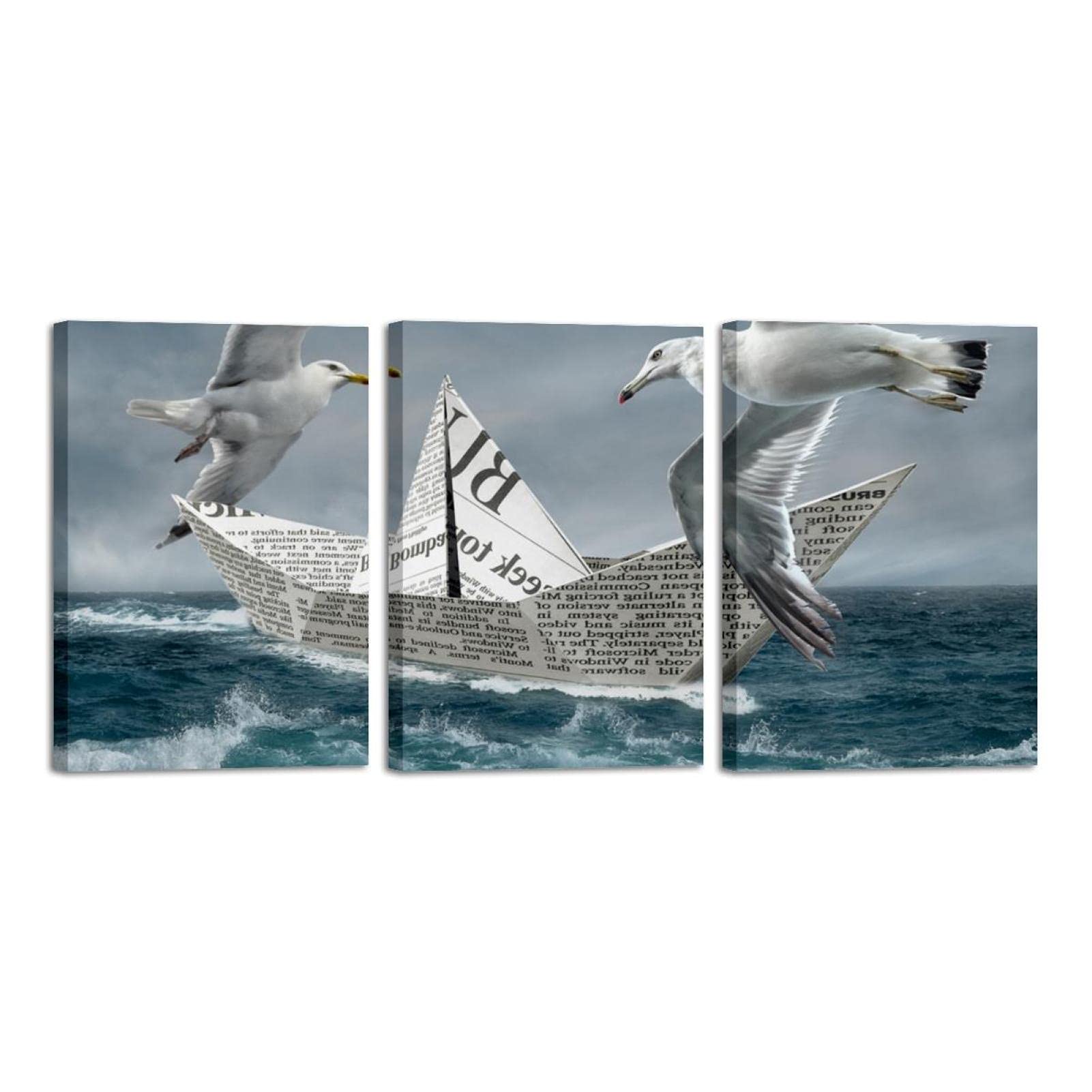 Tableau mer vague et mouettes en 3 pièces pour salon - 6