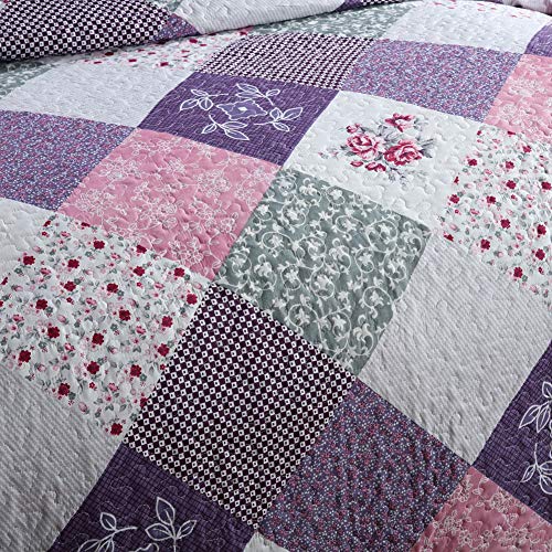 NEWLAKE Quilt Bedspread Sets-Floral Checkered Pattern Reversible Coverlet Set,Queen Size