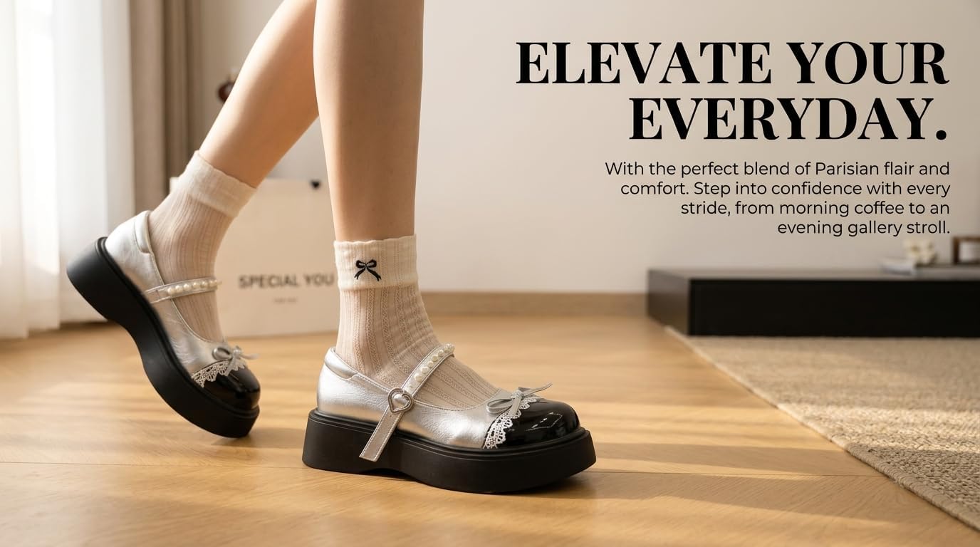 Mary Jane Shoes for Women Platform Lolita Shoes Kawaii Lace Pearl Bow Tie Harajuku JK Uniform British Vintage Dress Shoes