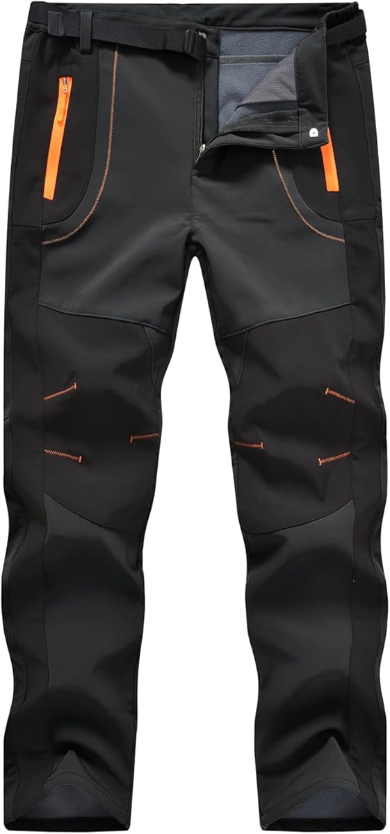 TBMPOY Men's Winter Hiking Pants Softshell Waterproof Fleece Lined Insulated Athletic Mountain Snow Ski Pants with Belt