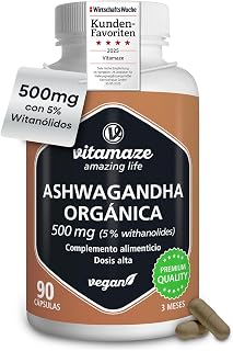 Ashwagandha Orgánica KSM-66 - Alta Concentración (500 mg) - Extracto de Raíz Natural - Vegano, Sin Aditivos, 90 Cápsulas para 3 Meses - Apoyo al Biene