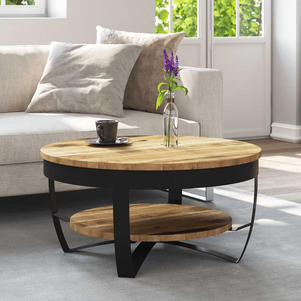 Table basse industrielle en bois de manguier massif brut et métal noir de salon