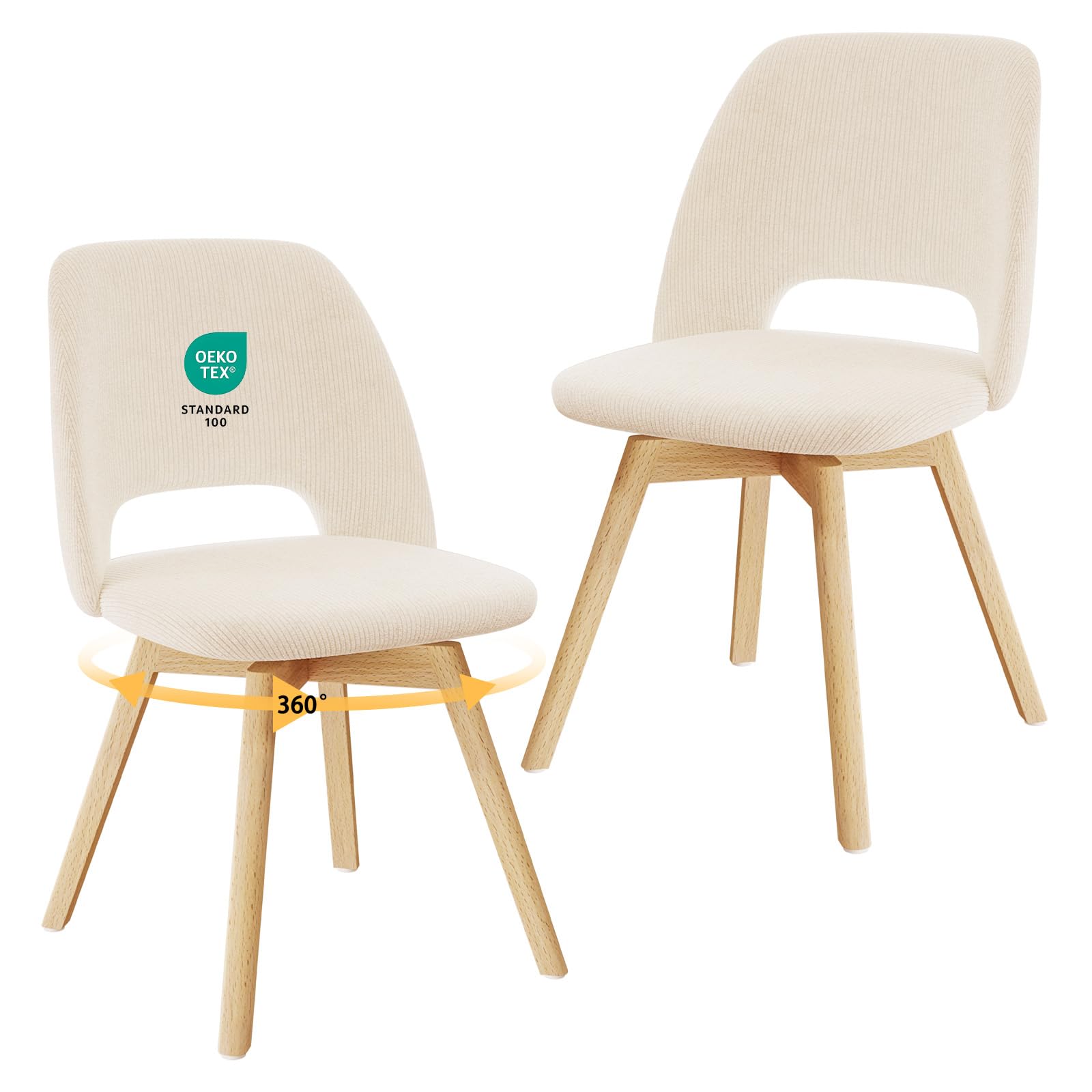 JIJIAN 360° Esszimmerstühle Drehbar 2er Set, Polsterstühle mit Buchebeinen