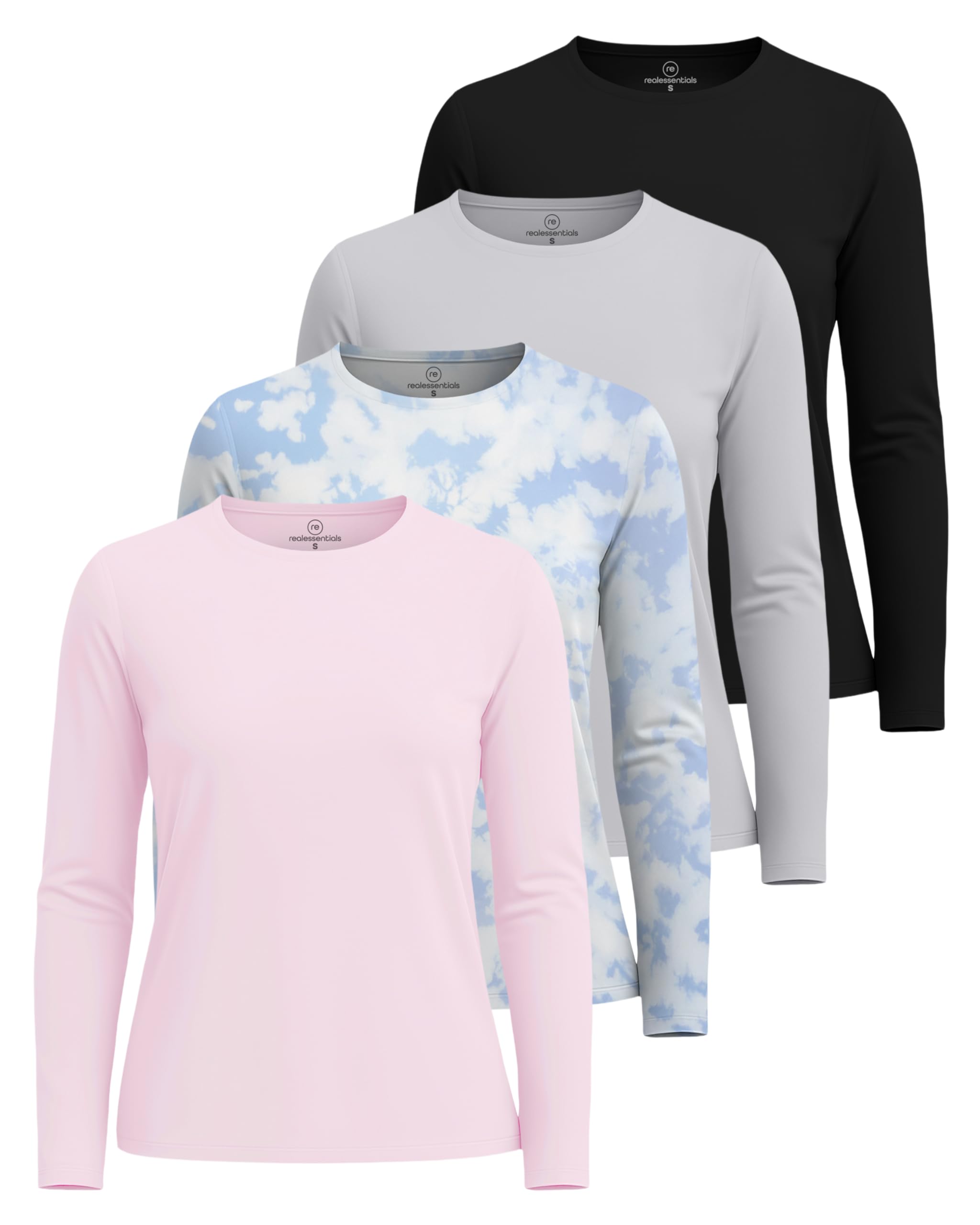 Real Essentials 4 Pack: Women's UPF 50+ Quick Dry Fit Sun Shirts Long Sleeve UV SPF Hiking Top Outdoor (Available in Plus)